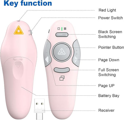 QUI Presentation Clicker Wireless Presenter Remote Clicker for PowerPoint Presentation Remote, PowerPoint Slide Advancer for Mac/Windows/Google Slide/Keynote, Pink, A-C