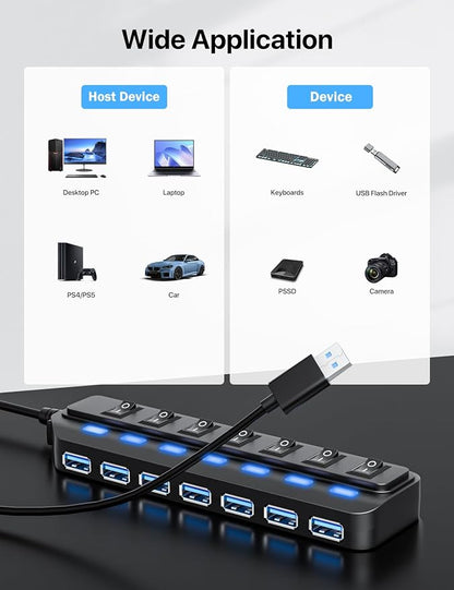WIRWTRU USB Hub 7 Port,USB 3.0 Hub Splitter for Office,Home,School | Individual On/Off LED Switches, USB Hub for PC, 5Gbps HighSpeed Data for Laptop, Mac, PC, Desktop, PS5, Xbox