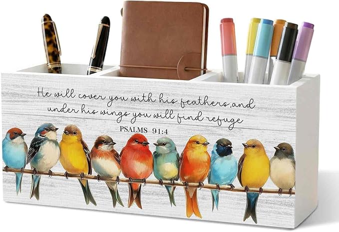 Christian Bird Pencil Pen Holder for Desk Organizer, Christian Gifts for Women Men, Religious Bible Verse Wooden Box Decorations for Home Office Bedroom Desk Tabletop Decor
