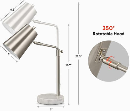 VONLUCE 20" Desk Lamp with LED Bulb, Metal Table Lamp Marble Base, Mid Century Modern Reading Lamp Office, Industrial Task Lamp Work Lamp for Reading Bedroom, Nickel