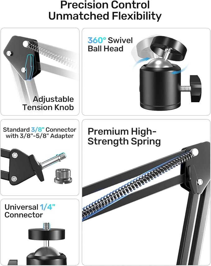 Webcam Stand, Boom Arm Camera Mount Stand for Logitech Webcam BRIO 4K C920 C920S C922 C922x C925e C930 NexiGo N60, 1/4"-3/8" and 3/8"-5/8" Screw for Blue Yeti Snowball Yeti Nano and Other Mics