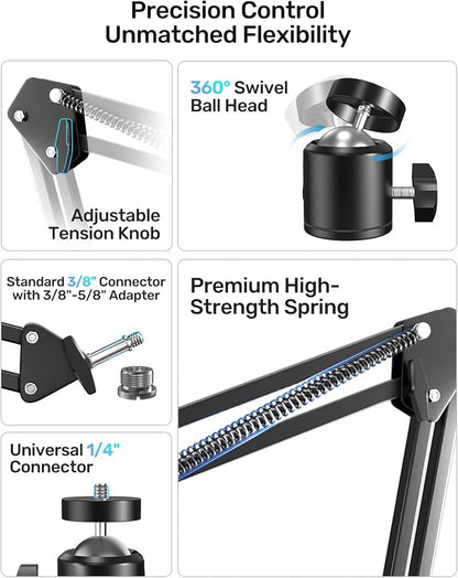 Webcam Stand, Boom Arm Camera Mount Stand for Logitech Webcam BRIO 4K C920 C920S C922 C922x C925e C930 NexiGo N60, 1/4"-3/8" and 3/8"-5/8" Screw for Blue Yeti Snowball Yeti Nano and Other Mics