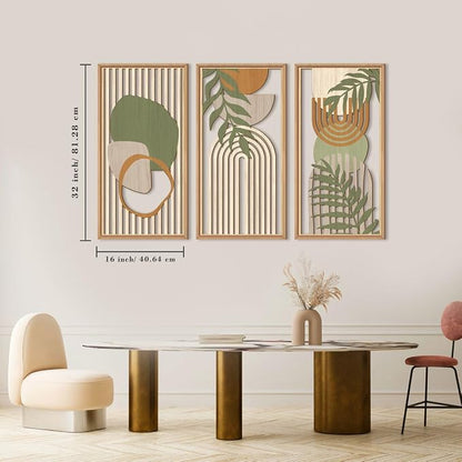 IARTTOP Large Boho Mid-century Modern Wood Wall Art 16x32 Inch Framed Green Abstract Leaf Wooden Wall Decor Bohemian Minimalist Geometric Wall Art Decor for Bedroom Living Room Office Set of 3