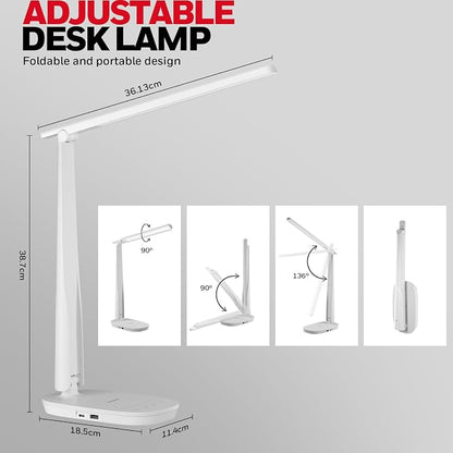 Honeywell HWT-H2 LED Desk Lamp for Home Office, CRI94 Full Spectrum Eye-Caring Light, Dimmable Table Lamp with USB-A & USB-C Charging Ports, Foldable Touch Control Reading Lamp, White