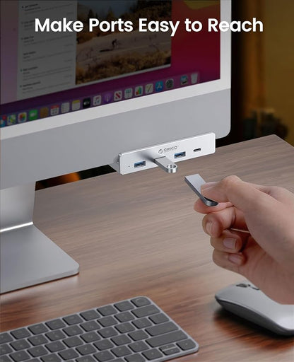 ORICO USB Hub 3.0, Clamp USB Hub with Extra Power Port, 3 USB-A Data Ports, USB-C Port for Monitors, Desks(Silver)