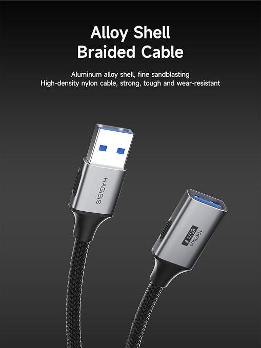 Hagibis USB Extension Cable, USB Extender, Braided 10Gbps USB 3.2 Type A Male to Female Cord Compatible with Webcam, Keyboard, Mouse, PlayStation, Xbox, Flash Drive, Printer, Camera (1.6FT)