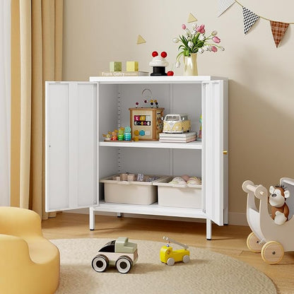 2 Door Metal Accent Storage Cabinet-Locker Cabinet for Office Room,Garage-Metal Storage Cabinet with 1 Adjustable Shelves (White)