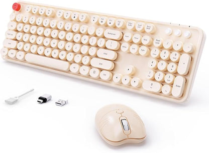 Wireless Keyboard and Mouse, MOFII 104 Round Keycaps Retro Typewriter with OTG & Brush, Full-Size Ergonomic, Ideal for Windows PC, Home, Office and College Brown