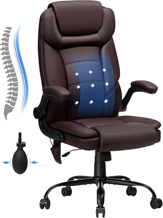 Big and Tall Office Chair 450lbs Heavy Duty Executive Desk Chair with Adjustable Lumbar Support High Back Ergonomic Home Computer Leather Chair with Padded Flip-up Arms for Heavy People,Brown
