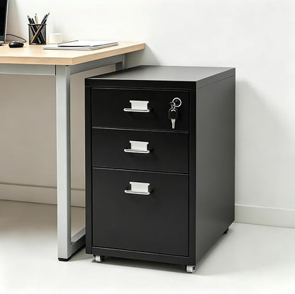 3-Drawer File Cabinet with Lock, Metal Mobile Filing Cabinet Vertical Storage Under Desk for Home Office Fits Legal Letter Document