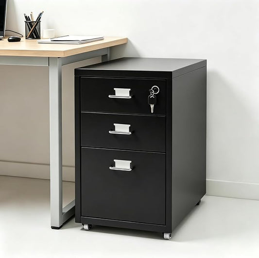 3-Drawer File Cabinet with Lock, Metal Mobile Filing Cabinet Vertical Storage Under Desk for Home Office Fits Legal Letter Document