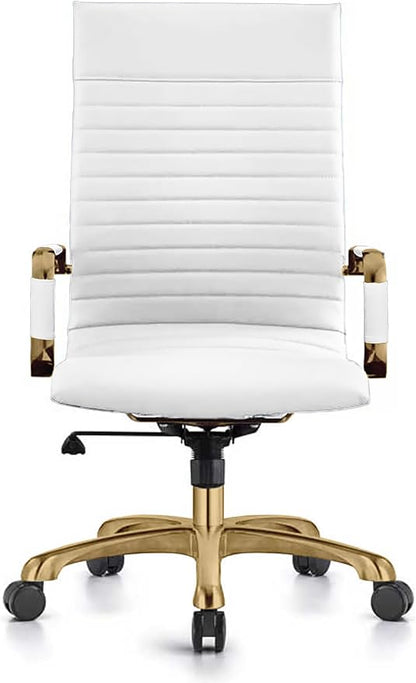 LeisureMod Harris High-Back Task Office Chair - Modern Leather Upholstery with Gold Frame, Ribbed Design 360 Degree Adjustable Swivel for Home, Office, and Study Room