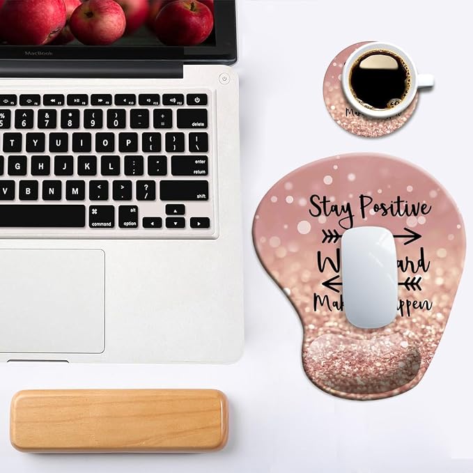DOOKE Ergonomic Mouse Pad with Wrist Support and Coaster,Mouse Pads with Non-Slip PU Base for Home Office Working Studying Easy Typing & Pain Relief Stay Positive