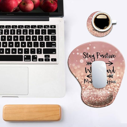 DOOKE Ergonomic Mouse Pad with Wrist Support and Coaster,Mouse Pads with Non-Slip PU Base for Home Office Working Studying Easy Typing & Pain Relief Stay Positive