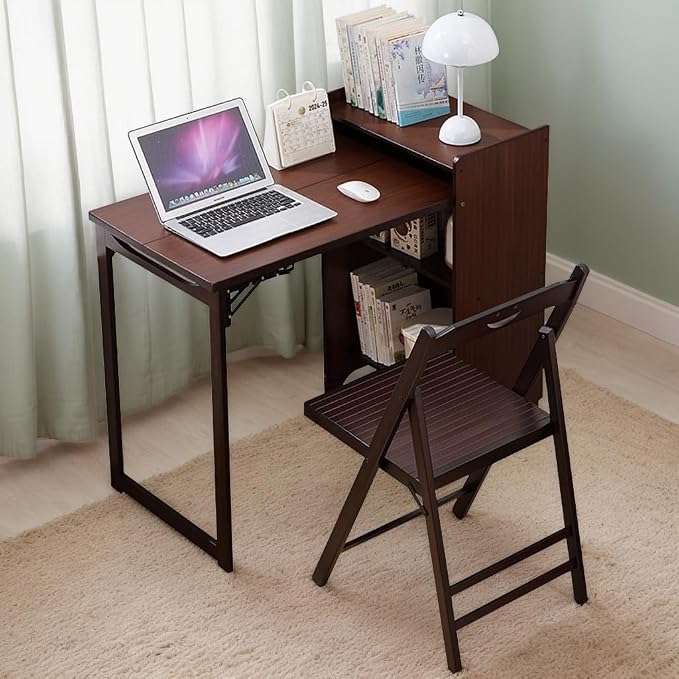 Folding Out Desk with Storage, Expandable Hidden Desk, Space-Saving Pull Out Murphy Table, Writing Table with Shelves and Mobile Wheels for Home Office, Bedroom Dorm Room Small Spaces (Walnut)