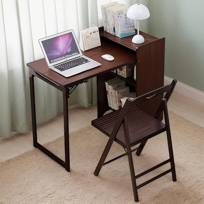Folding Out Desk with Storage, Expandable Hidden Desk, Space-Saving Pull Out Murphy Table, Writing Table with Shelves and Mobile Wheels for Home Office, Bedroom Dorm Room Small Spaces (Walnut)