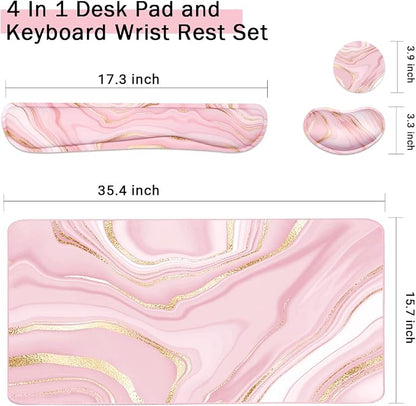 Keyboard Mouse Pad Set, Extended Mouse Pad+Keyboard Wrist Rest Support, Memory Foam Ergonomic Easy Typing, 3Pcs (35.4×15.7 in) Desk Pad Set for Home Office Study Game- Pink Gold