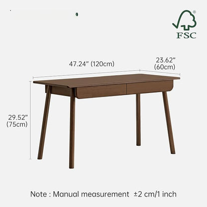 100% Solid Wood Desk with Drawers, Mid Century Modern Writing Desk, Walnut Color Office Desk for Study Bedroom Living Room 47.24" W