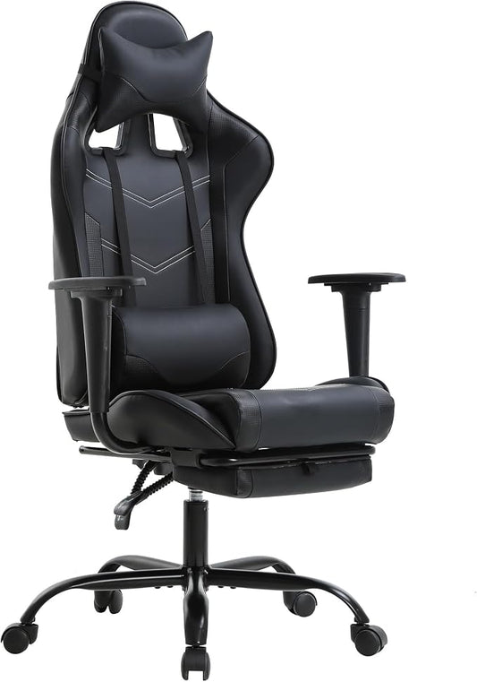 BestOffice | Ergonomic Gaming Chair | Black | Reclining Computer Chair with Lumbar Support, Headrest Pillow, Adjustable Footrests | 360 Swivel with Heavy Duty Wheels | for Home & Office