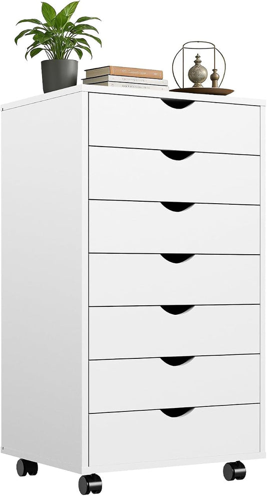 Mobile File Cabinet Under Desk, 7 Drawer Storage Organization with Wheels, Vertical Filing Chest Rolling Wood Small Desk Printer Stand for Home Office, 15.75" D x 18.74" W x 34.25" H