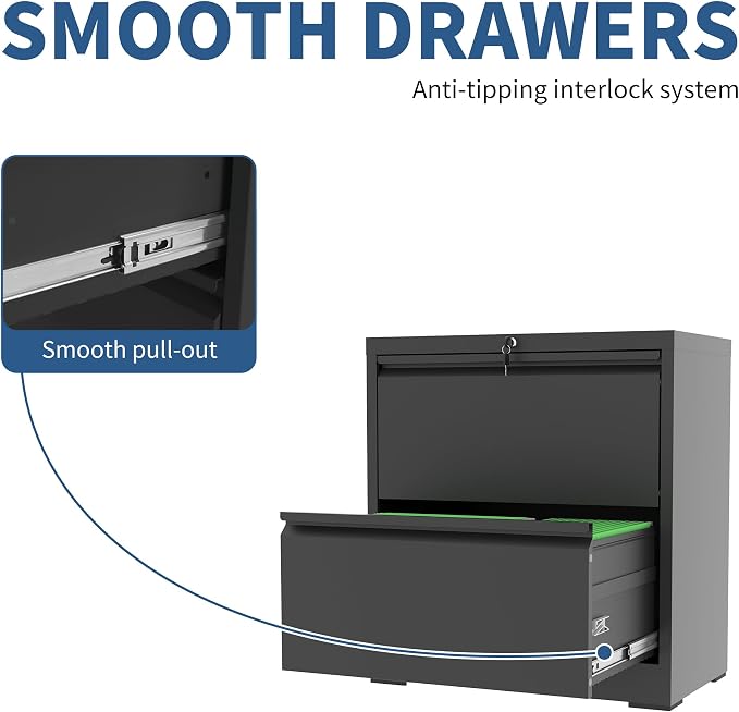 2 Drawer File Cabinet with Lock, Black Metal Lateral Filing Cabinets for Home Office, Heavy Duty Steel Horizontal Locking Storage Cabinet for Legal/Letter/A4 Size File, Assembly Required