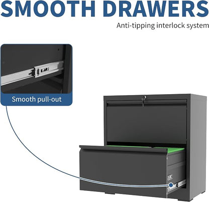 2 Drawer File Cabinet with Lock, Black Metal Lateral Filing Cabinets for Home Office, Heavy Duty Steel Horizontal Locking Storage Cabinet for Legal/Letter/A4 Size File, Assembly Required