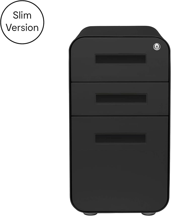 Laura Davidson Furniture Stockpile Slim 3-Drawer Mobile File Cabinet with Lock - Under Desk Metal Filing Cabinet, Legal/Letter File Folders, Wheels and Stationary Feet, Pre-Assembled, All Black