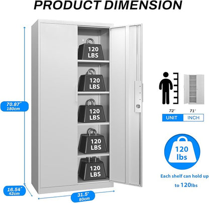 Tall Steel Garage Storage Cabinet with Lock, 71" H Heavy Duty Metal Storage Locker with 4 Adjustable Shelves for Home, Office, White