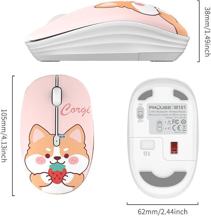 FMOUSE Cute Wireless Mouse, Bluetooth & 2.4GHz Dual Mode with USB Receiver, Silent Click, AA Battery Powered, for Kids Students Teen Girls, Compatible with Laptop Mac iPad PC (Strawberry Corgi)