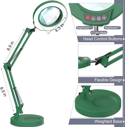 12X Magnifying Glass with Light and Stand, Upgrade Button 5 Color Modes Stepless Dimmable, 2-in-1 LED Lighted Magnifier Light, Hands Free Desk Lamp with Clamp for Craft Hobby Close Work - Green