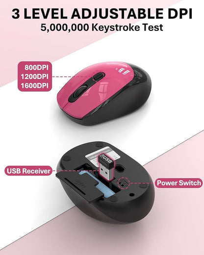 Colorful Wireless Keyboard and Mouse Combo - Round Keycaps, 2.4GHz Retro Typewriter Keyboard with Number Pad, Cute Compact USB Keyboard and Mouse for Computer PC Desktop Laptop (Pink & Black Colorful)