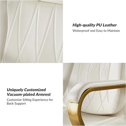 HULALA HOME Executive Office Chair with Adjustable Lumbar Support, Leather Ergonomic Office Chair with Padded Armrests, Tilt and High Back, White and Gold