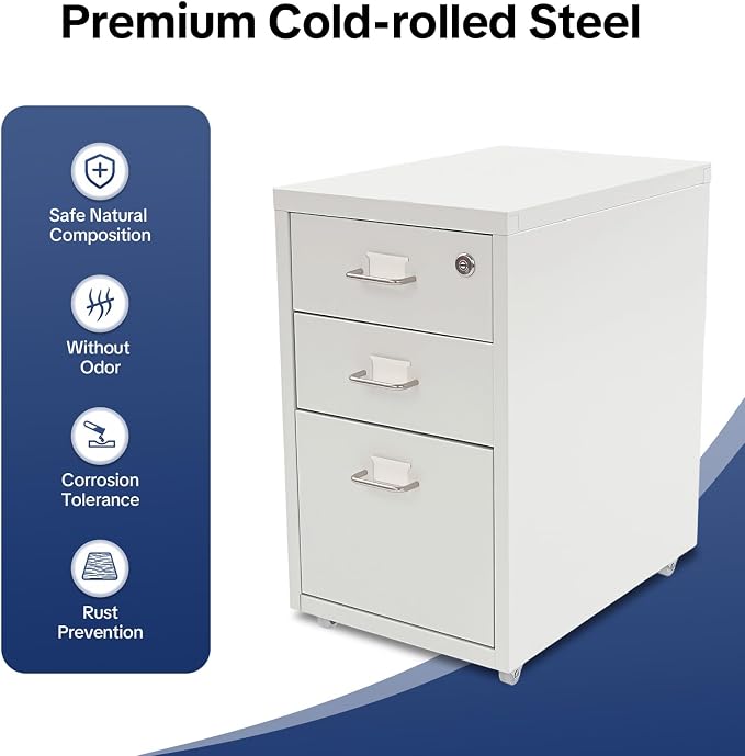 3-Drawer Vertical File Cabinet, 11*16*18.3in Rolling File Cabinet, Mobile Organizer Storage Cabinet with Lock, Office Filing Storage Cabinet Under Desk fits A4 Size, for Home Office (White)