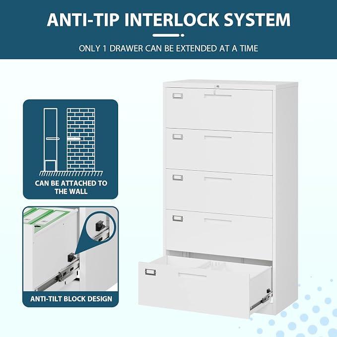 MIIIKO Lateral File Cabinet with Lock, 5 Drawer Metal File Cabinets 35.4" Wide, Home Office Locking Filing Cabinets for Legal Letter File Folders