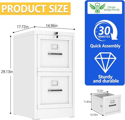 GAIOUS Metal Vertical File Cabinet with Lock, Locked Under Desk Cabinet | 2 Drawer Filing Cabinet for Home Office, Metal Filing Cabinet, White Lockable Storage Cabinet, Fits Letter/Legal/A4 Size