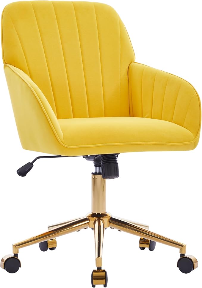 YITAI Velvet Office Desk Chair with Wheels and Gold Base,Modern Height Adjustable 360 Degree Swivel Upholstered Vanity Chairs with Arms for Living Room Bedroom, Study,Yellow