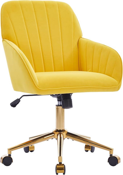 Velvet Home Office Desk Chair, Modern Cute Computer Task Chair with Back, Height Adjustable Upholstered Vanity Chair with Swivel Wheels for Women, Girls (Gold Base, Lemon Yellow