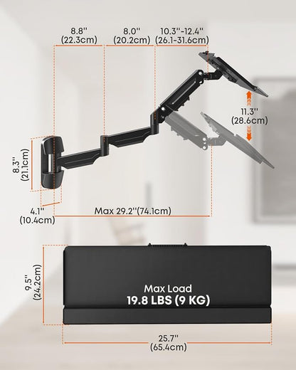 Extra Long Keyboard Wall Mount - 26 Inch Wall Mount Keyboard and Mouse Tray, Full Motion Typing Platform with Spring Arm, Holds up to 19.8 lbs, Black