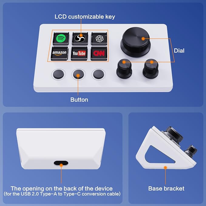 ActionRing Streaming Macro Keypad, Stream Controller Deck, Gaming Shortcut Keyboard, with 6 Customizable LCD Shortcut Keys, 3 Buttons and 3 Dials, Trigger Actions in OBS/Twitch/YouTube, For office workers and Content creaters,Windows 10/Mac14.0 (N3 White)