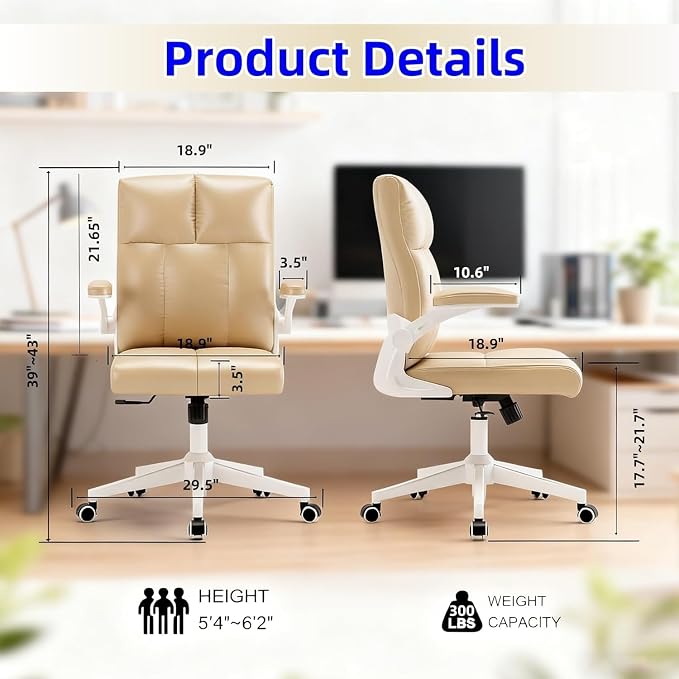 balmstar Leather Office Chair Computer Desk Chair, 360° Swivel Rolling Wheels, Adjustable Tilt Angle 90°-135° with Lumbar Support Executive Chair (Beige)