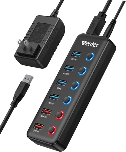 Powered USB Hub, Wenter 6-Port USB 3.0 Hub Splitter (4 USB 3.0 Data Ports + 2 QC 3.0 Fast Charging Ports) with Individual LED On/Off Switches, USB Hub 3.0 Powered with 36W AC Adapter for Mac, PC