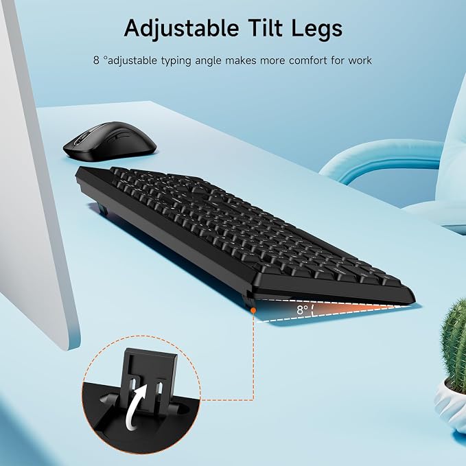 memzuoix Wireless Keyboard and Mouse Combo, 2.4G Full-Size Ergonomic Set with 1400 DPI Mouse, Lag-Free USB Receiver, 6-Month Battery Life for PC/Laptop/Windows/Mac (Black)