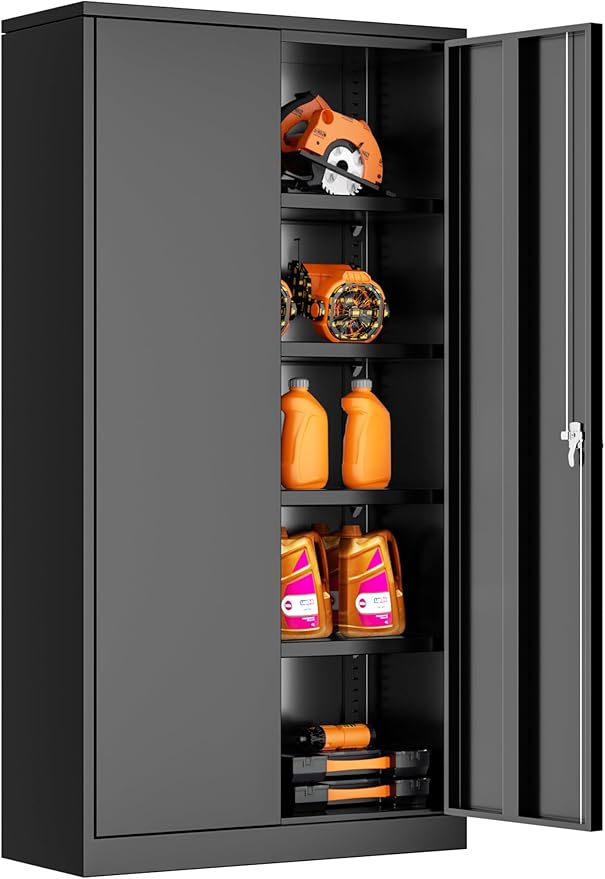 INTERGREAT Storage Cabinet with Doors and Shelves, Metal Garage Storage Cabinets with Lock, Black Lockable Steel Supply Cabinet for Home Office, Warehouse