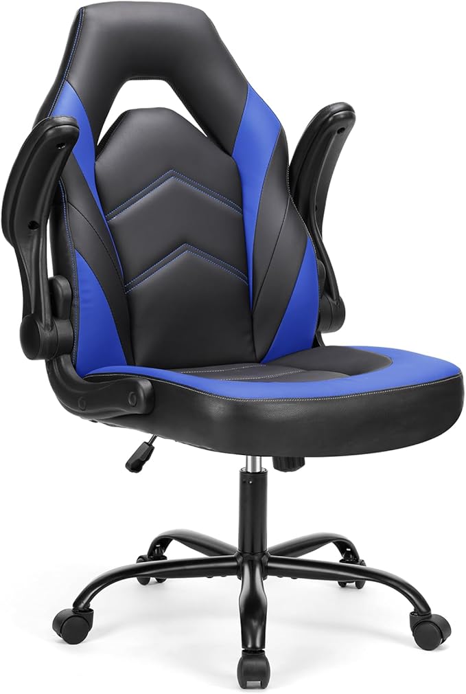 Sweetcrispy Computer Video Game Desk Chair: Ergonomic Comfy Lumbar Support, PU Leather with Flip-up Armrest, Height Adjustable and 360° Swivel, for Adults, Black Blue