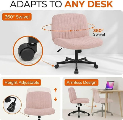 Criss Cross Chair with Wheels Wide Cross Legged Cute Office Desk Comfy Vanity Makeup Chair Fabric Height Adjustable Swivel for Home Computer Task, Pink