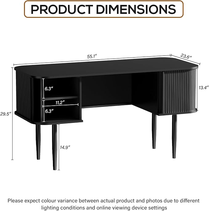 Furniway 55" Modern Writing Desk with Sliding Doors, Wood Home Office Desk with Storage, Computer Desk for Study, Living Room, Dorm, Black