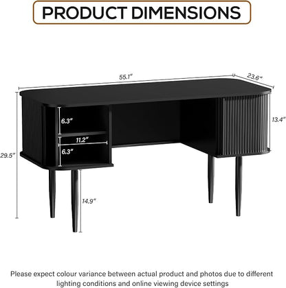 Furniway 55" Modern Writing Desk with Sliding Doors, Wood Home Office Desk with Storage, Computer Desk for Study, Living Room, Dorm, Black