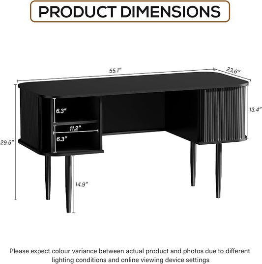 Furniway 55" Modern Writing Desk with Sliding Doors, Wood Home Office Desk with Storage, Computer Desk for Study, Living Room, Dorm, Black