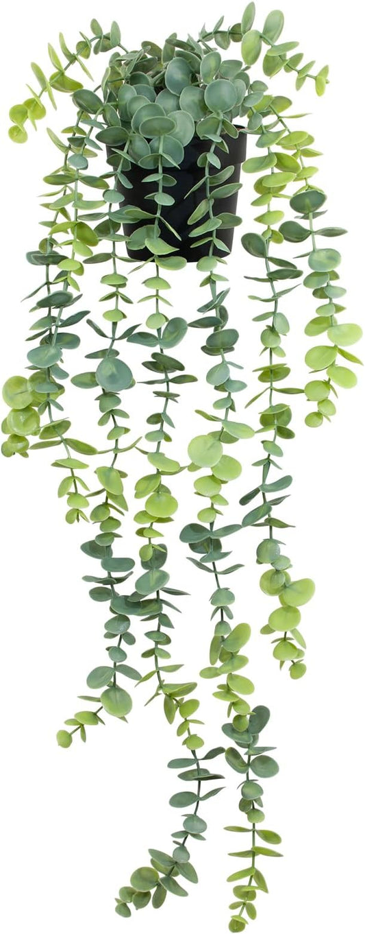 LOYWREE Fake Hanging Eucalyptus Plants Small Potted Long Vine Plants Indoor for Vintage Boho Farmhouse Bathroom Office Desk Wall Shelf Room Aesthetic Decor (Black Pot)
