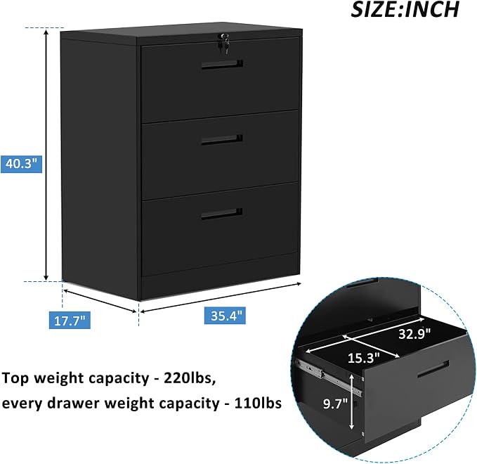 Lateral File Cabinet, 3 Drawers Metal Lockable Filing Cabinet for Commercial Grade Office Legal and Letter File (Black)